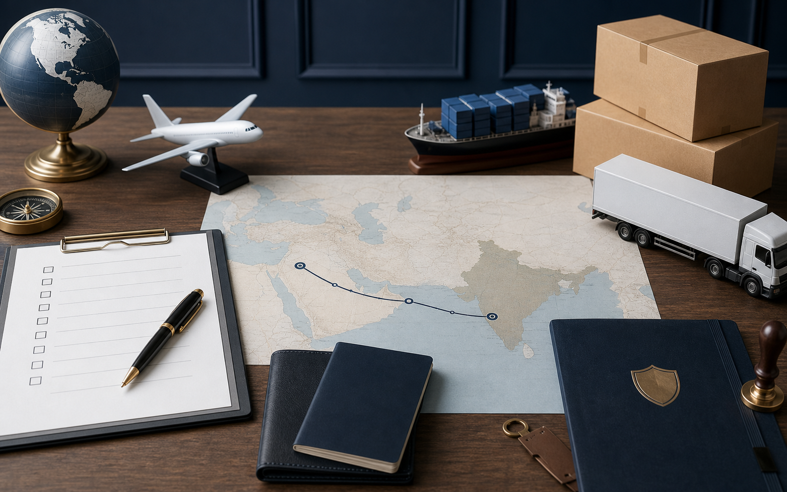 Move planning desk with route map, documents, air, sea and land transport models