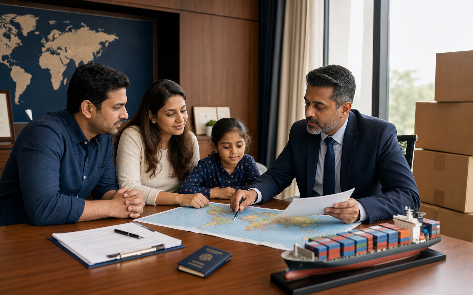 Relocation consultant reviewing an international move plan with a family